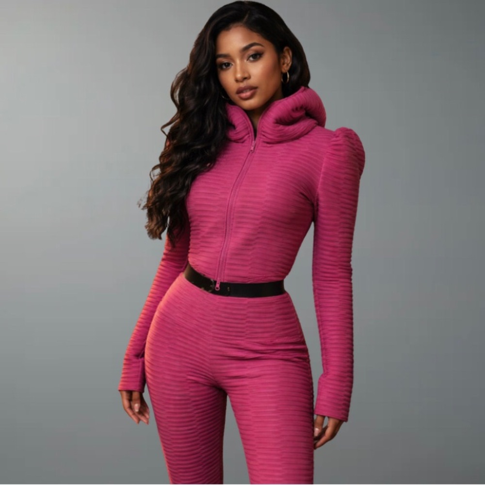 Fitted Ribbed Pink Zip-Up two piece set